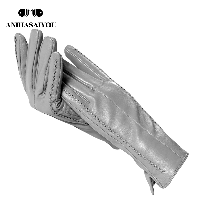 Leather Work Winter Gloves - 高級婦人革手袋、本革ライトグレー暖かい冬用ミトン、シンプルなシープスキン手袋 女性用-2226H