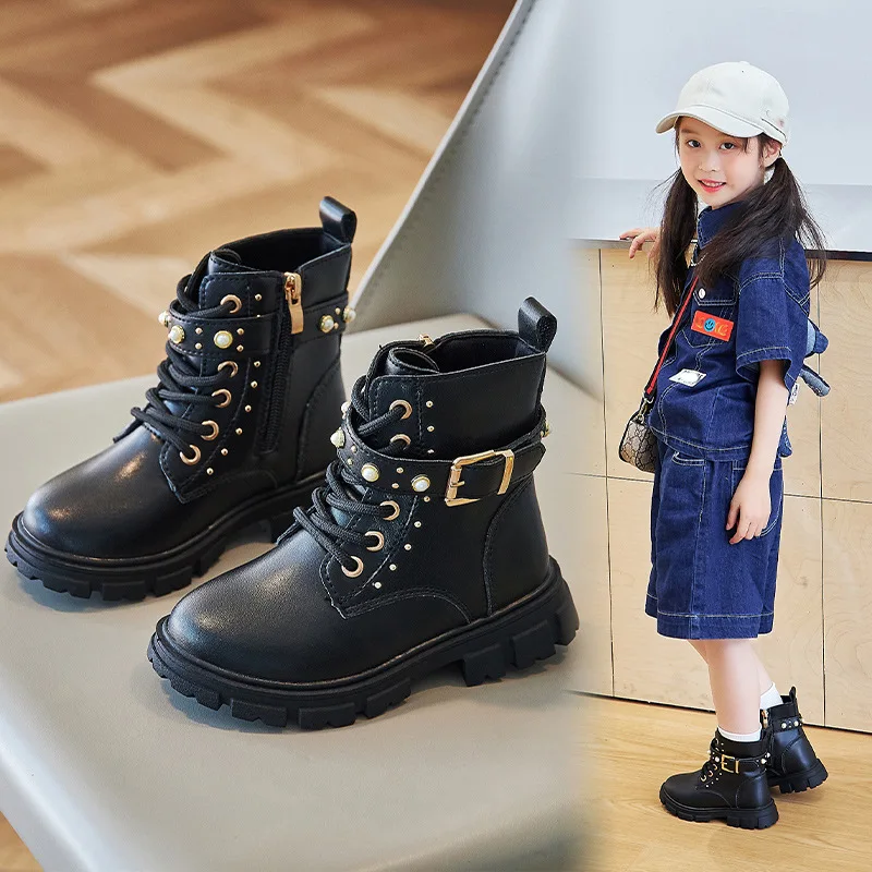 Leather Work For Kids - 秋冬女の子フリース裏地暖かいワークショートブーツ子供バックルヴィンテージコットンブーツ子供屋外スノーブーツカジュアルシューズ