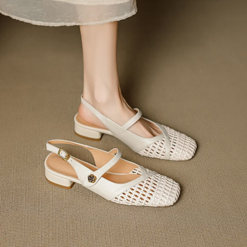 Leather Work Flats Women - レディース クローズドトゥ サンダル 編み込み ホローアウト ローブロックヒール
