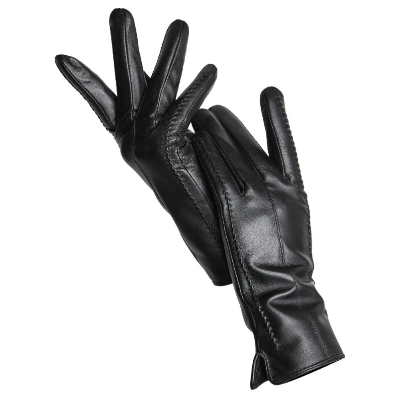 Leather Work Winter Gloves - 女性のシープスキン手袋冬暖かいプラスベルベットショート薄型タッチスクリーン運転カラー女性の革手袋良質