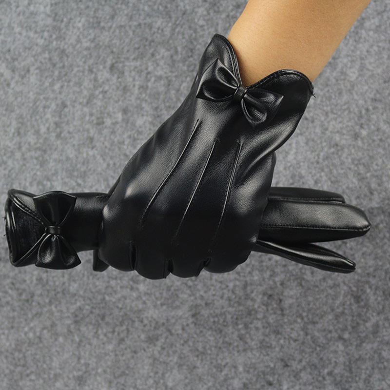 Leather Work Winter Gloves - 女性用レザーサイクリンググローブ,暖かい黒のリボン,サイクリング,運転用,高品質,トレンディ,冬用,BM7