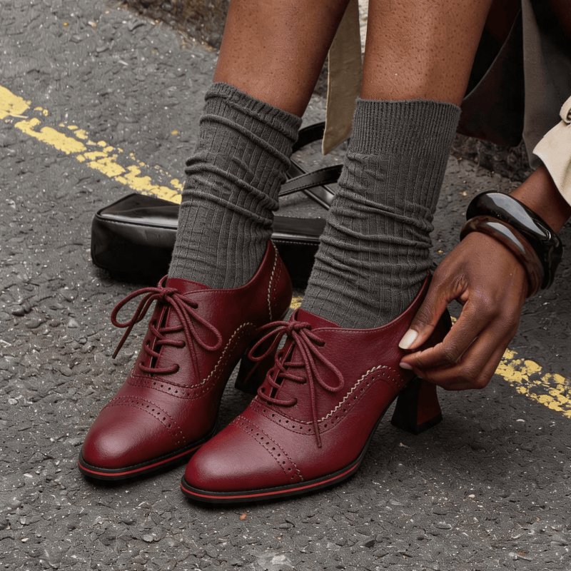 Leather Work Flats Women - レディース フェイクレザー ブローグ オックスフォード ヒール フレア