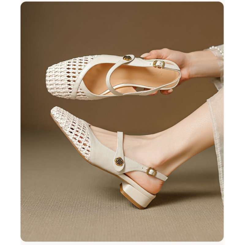 レディース クローズドトゥ サンダル 編み込み ホローアウト - Leather Work Flats Women のレビューと価格