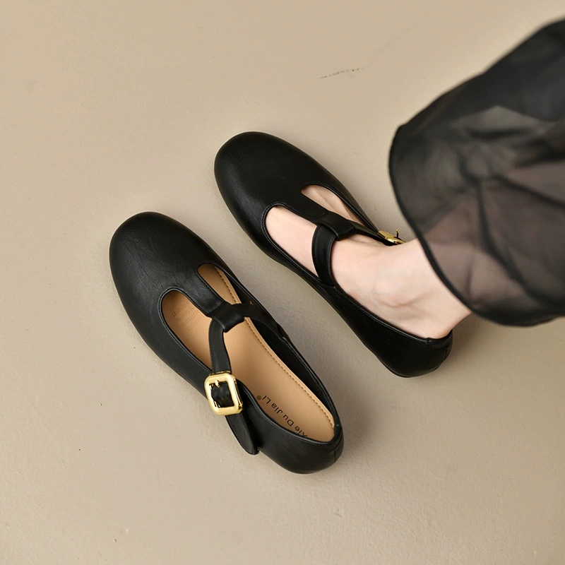 レディースTストラップメリージェーンフラットレザーシューズ、 - Leather Work Flats Women のレビューと価格